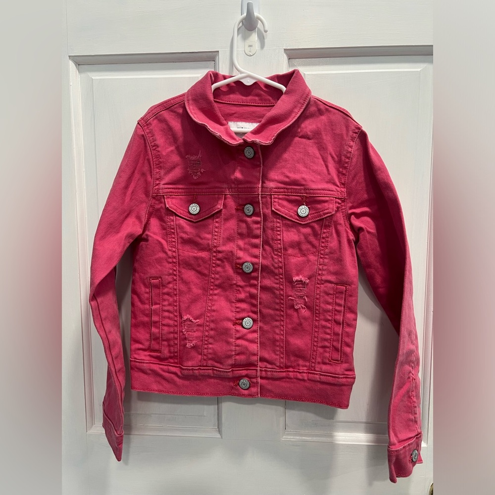 OLD NAVY Pink Distressed Denim Jacket SIZE 8 Girls Pockets Buttons Pre Loved